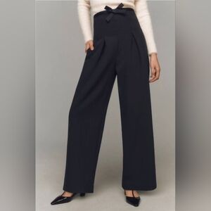 NWT By Anthropologie Corset Bow Pleated High Rise Wide Leg Trousers BLACK sz 2